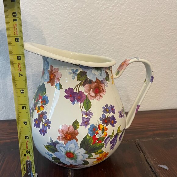 MacKenzie-Childs 3 QT Enamel Pitcher, White Flower Market - Picture 2 of 4